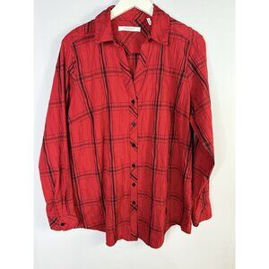 Foxcroft Top Womens Button Up Sz 14 Red Plaid Crinkle Texture Casual Career